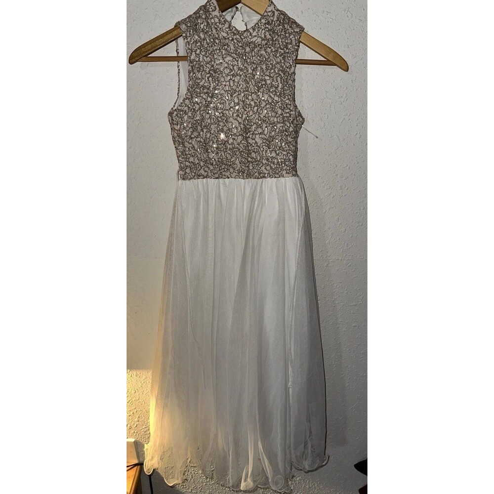 Girls Gold White Sequins Dress Special Occasion Gown Kids Size 7 BNWOT